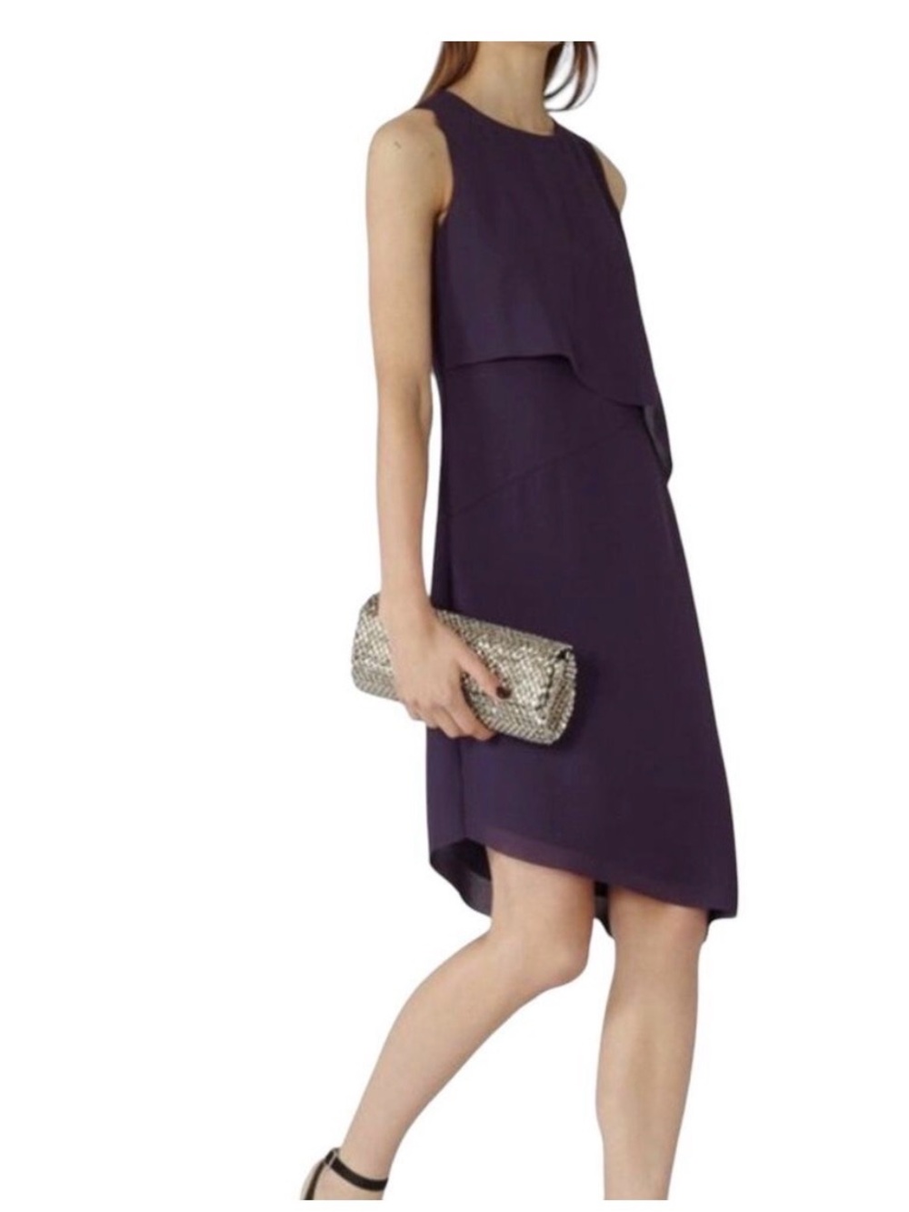 Reiss Aya Amethyst Purple Sleeveless Layered Asymmetric Midi Sheath Dress 10